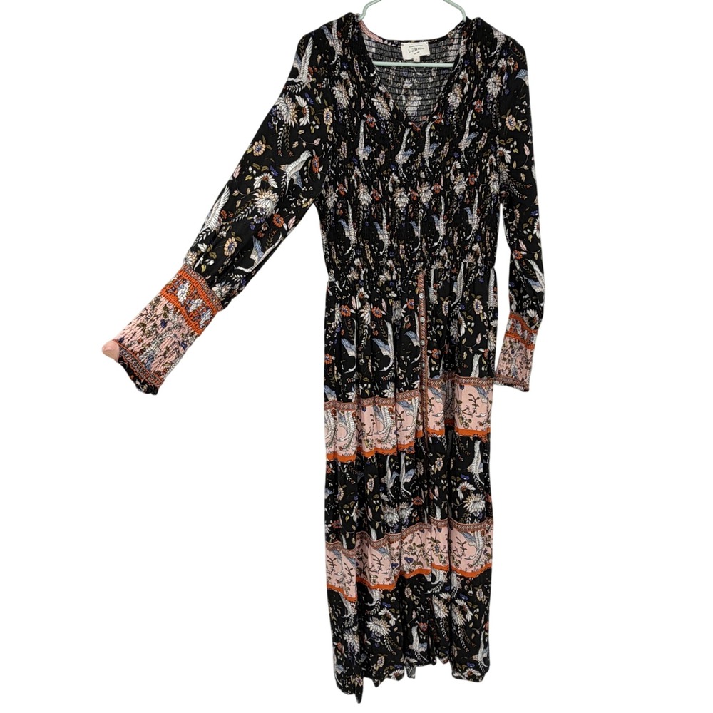 Bohme Crane Floral Smocked Maxi Dress Black Pink Orange Rayon Large